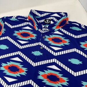 Raised By Coyotes Mens XL Golf Polo Blue AOP Aztec Southwestern Geometric Print